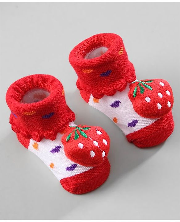 Cute Walk by Babyhug Ankle Length Socks Strawberry Applique Pack of 3 - Purple Red & Yellow