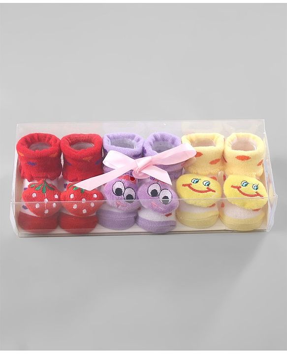 Cute Walk by Babyhug Ankle Length Socks Strawberry Applique Pack of 3 - Purple Red & Yellow