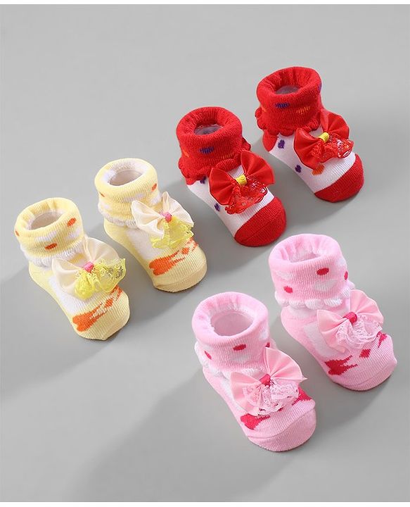 Cute Walk by Babyhug Ankle Length Socks Bow Applique Pack of 3 - Red & Yellow