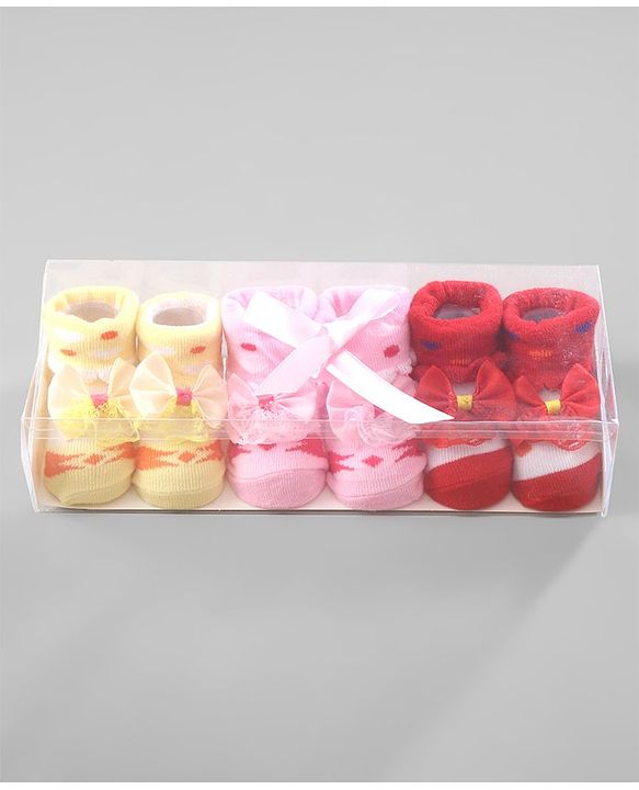 Cute Walk by Babyhug Ankle Length Socks Bow Applique Pack of 3 - Red & Yellow