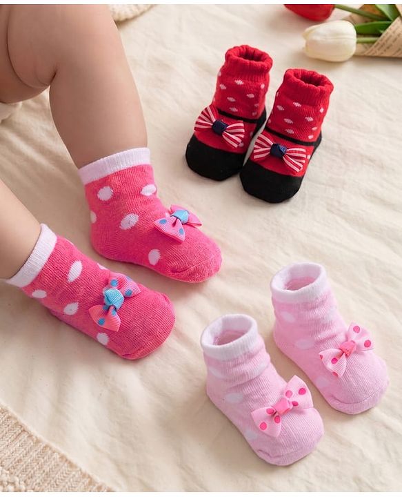 Cute Walk by Babyhug Ankle Length Socks Bow Applique Pack of 3 - Red & Pink