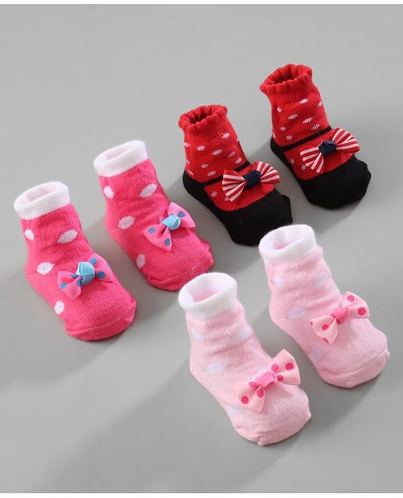 Cute Walk by Babyhug Ankle Length Socks Bow Applique Pack of 3 - Red & Pink