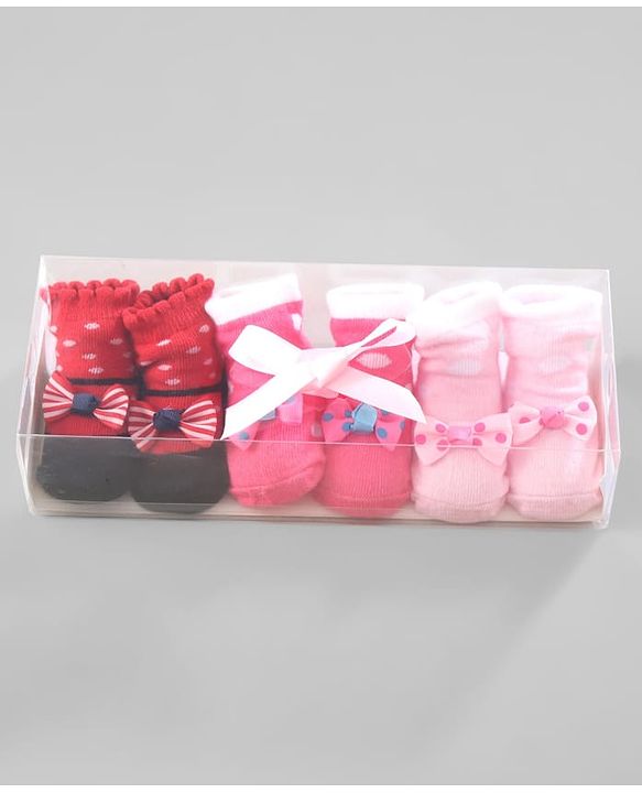 Cute Walk by Babyhug Ankle Length Socks Bow Applique Pack of 3 - Red & Pink