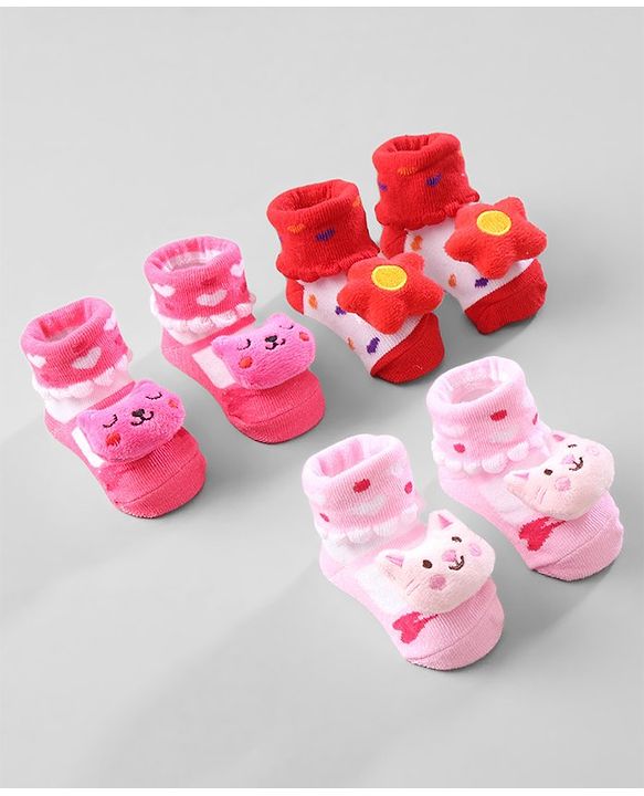 Cute Walk by Babyhug Ankle Length Socks Animal Applique Pack of 3 - Pink & Red