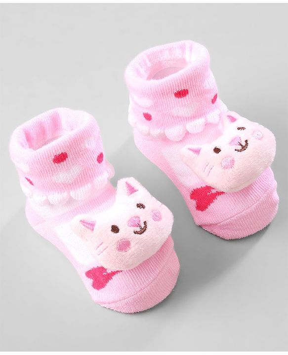 Cute Walk by Babyhug Ankle Length Socks Animal Applique Pack of 3 - Pink & Red