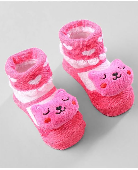 Cute Walk by Babyhug Ankle Length Socks Animal Applique Pack of 3 - Pink & Red