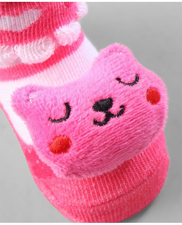 Cute Walk by Babyhug Ankle Length Socks Animal Applique Pack of 3 - Pink & Red