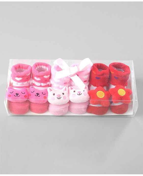 Cute Walk by Babyhug Ankle Length Socks Animal Applique Pack of 3 - Pink & Red