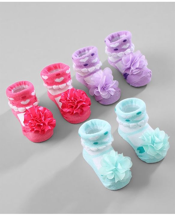 Cute Walk by Babyhug Ankle Length Socks Floral Applique Pack of 3 - Red Purple & Blue