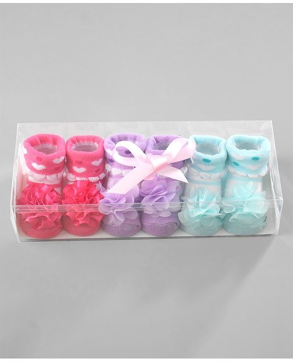 Cute Walk by Babyhug Ankle Length Socks Floral Applique Pack of 3 - Red Purple & Blue