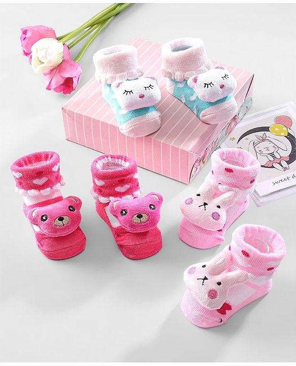 Cute Walk by Babyhug Ankle Length Socks Animal Applique Pack of 3 - Pink