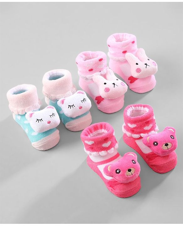 Cute Walk by Babyhug Ankle Length Socks Animal Applique Pack of 3 - Pink