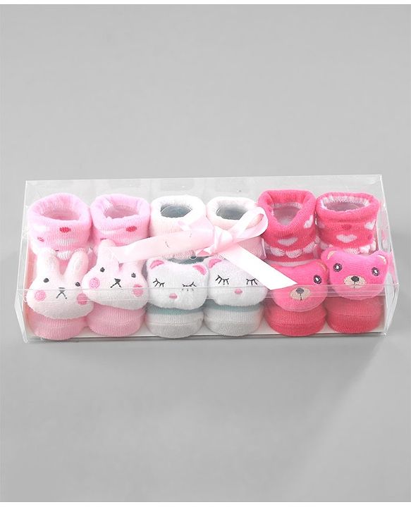 Cute Walk by Babyhug Ankle Length Socks Animal Applique Pack of 3 - Pink
