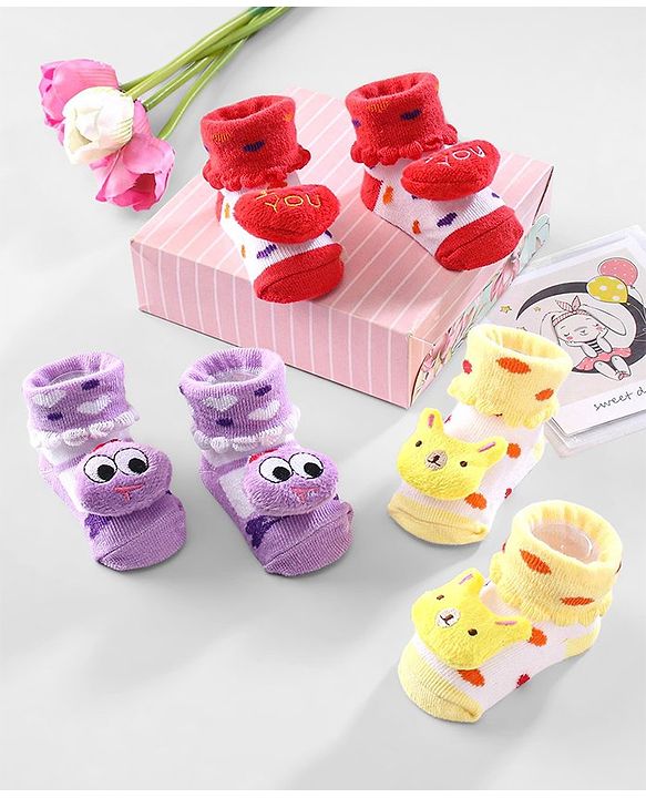 Cute Walk by Babyhug Ankle Length Socks Animal Applique Pack of 3 - Purple Red & Yellow
