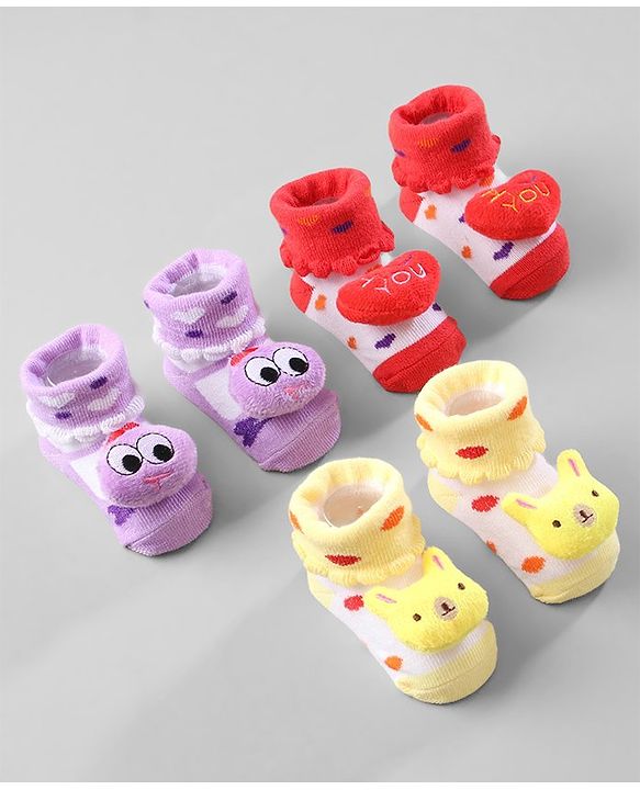 Cute Walk by Babyhug Ankle Length Socks Animal Applique Pack of 3 - Purple Red & Yellow