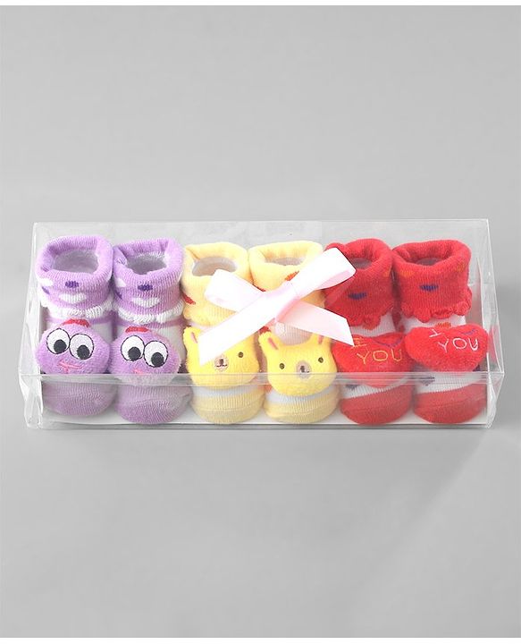 Cute Walk by Babyhug Ankle Length Socks Animal Applique Pack of 3 - Purple Red & Yellow