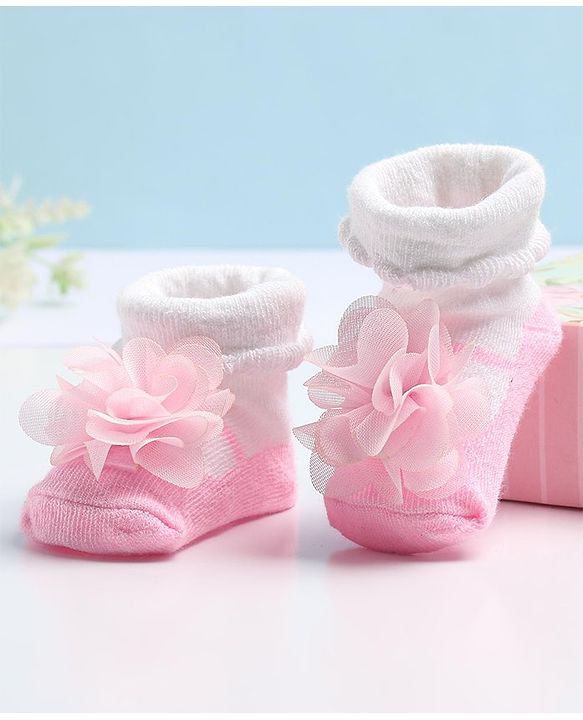Cute Walk by Babyhug Sock Shoes with Flower Applique - Pink