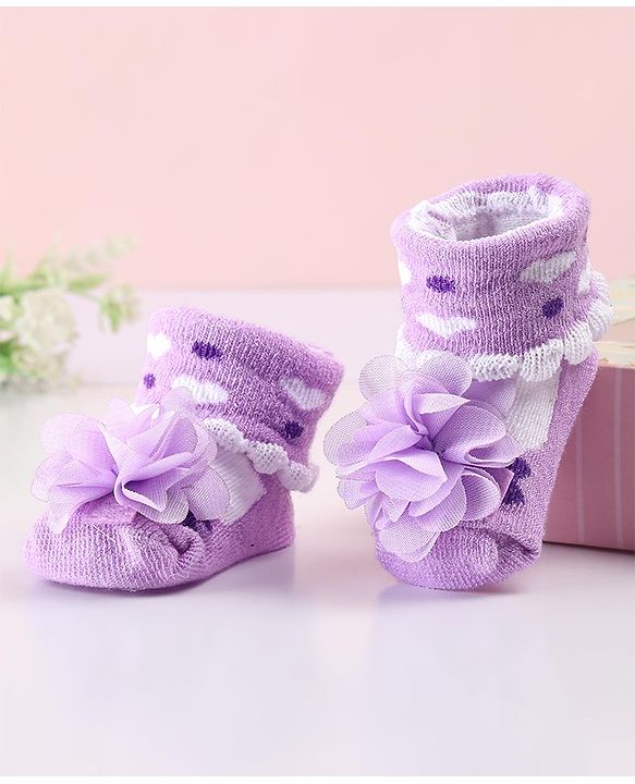 Cute Walk by Babyhug Sock Shoes with Flower Applique - Purple