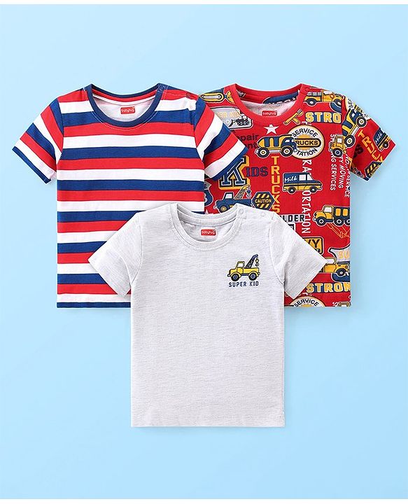 Babyhug Cotton Knit Half Sleeves T-Shirts With Stripes & Vehicle Print Pack of 3 - Multicolour