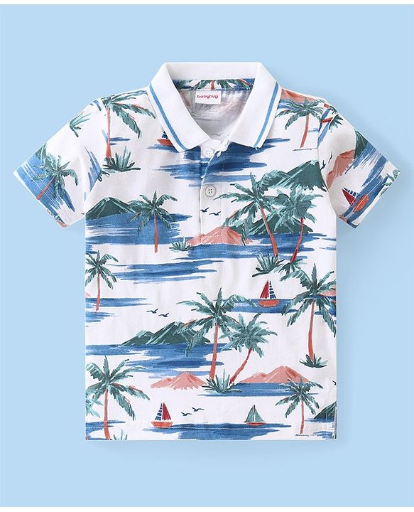 Babyhug Cotton Knit Half Sleeves Polo T-Shirt With Tropical Island Print - White