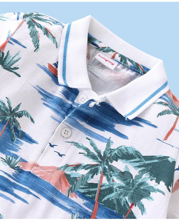 Babyhug Cotton Knit Half Sleeves Polo T-Shirt With Tropical Island Print - White