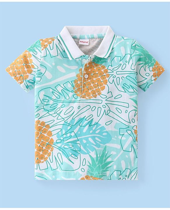 Babyhug Cotton Knit Half Sleeves Polo T-Shirt With Tropical Print - White