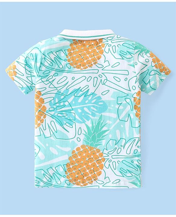 Babyhug Cotton Knit Half Sleeves Polo T-Shirt With Tropical Print - White