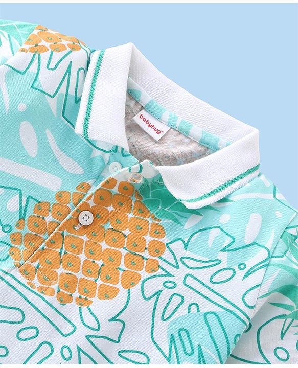 Babyhug Cotton Knit Half Sleeves Polo T-Shirt With Tropical Print - White