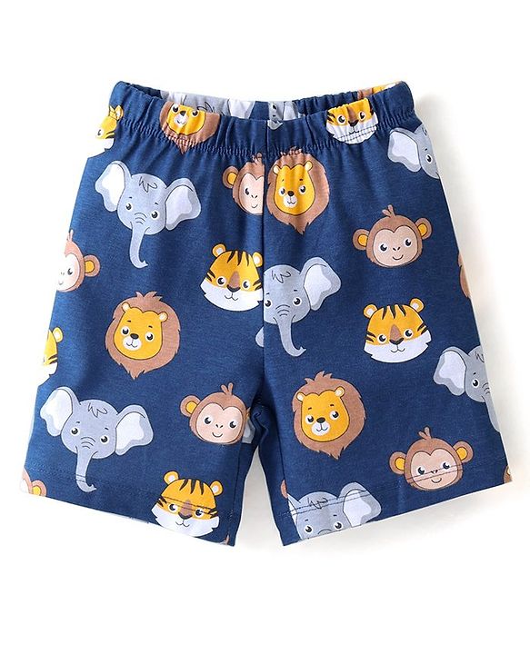Babyhug Cotton Knit Half Sleeves Night Suit With Animal Print - Blue