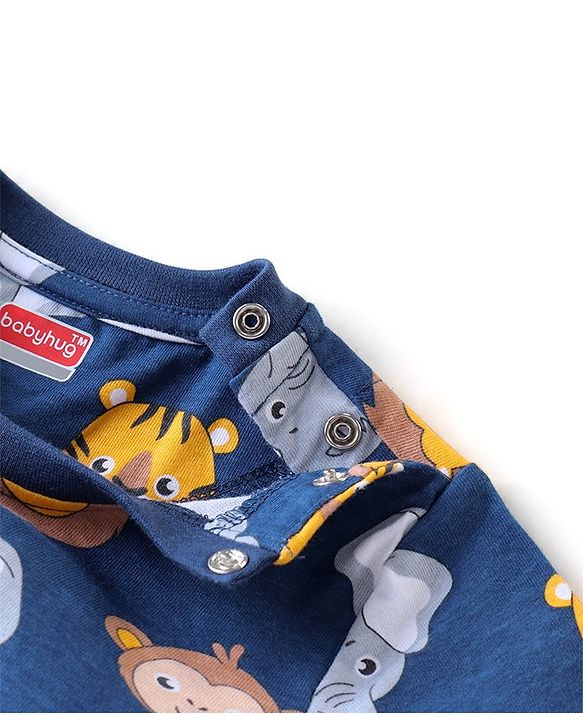 Babyhug Cotton Knit Half Sleeves Night Suit With Animal Print - Blue