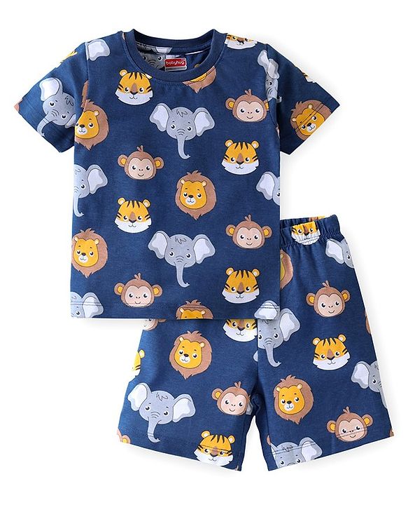 Babyhug Cotton Knit Half Sleeves Night Suit With Animal Print - Blue
