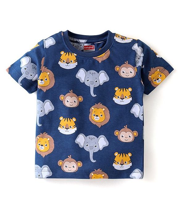 Babyhug Cotton Knit Half Sleeves Night Suit With Animal Print - Blue