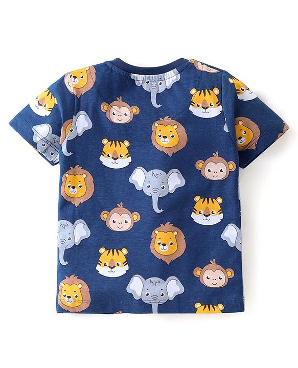 Babyhug Cotton Knit Half Sleeves Night Suit With Animal Print - Blue