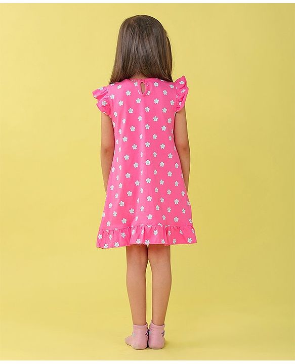 Babyhug Cotton Knit Frill Sleeves Nighty Floral Print - Pink