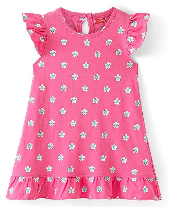 Babyhug Cotton Knit Frill Sleeves Nighty Floral Print - Pink