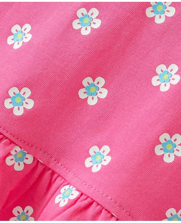 Babyhug Cotton Knit Frill Sleeves Nighty Floral Print - Pink