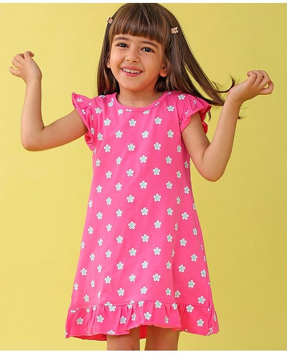 Babyhug Cotton Knit Frill Sleeves Nighty Floral Print - Pink
