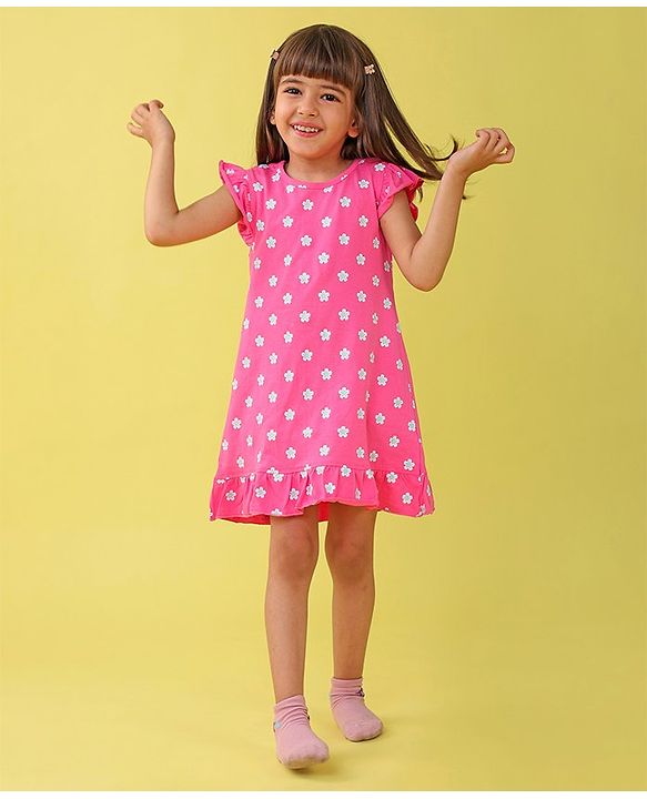 Babyhug Cotton Knit Frill Sleeves Nighty Floral Print - Pink