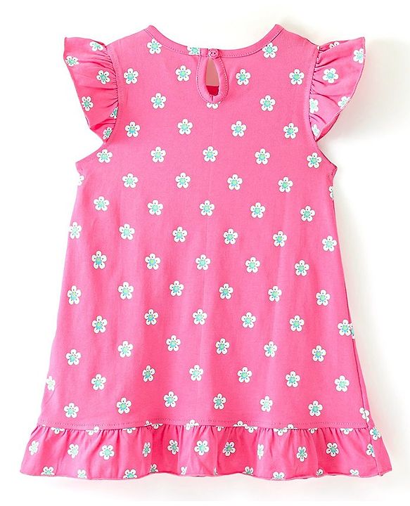 Babyhug Cotton Knit Frill Sleeves Nighty Floral Print - Pink