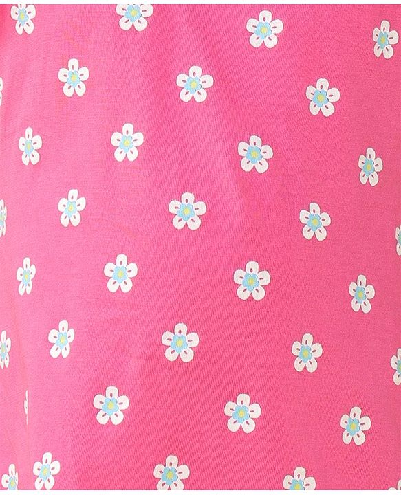 Babyhug Cotton Knit Frill Sleeves Nighty Floral Print - Pink