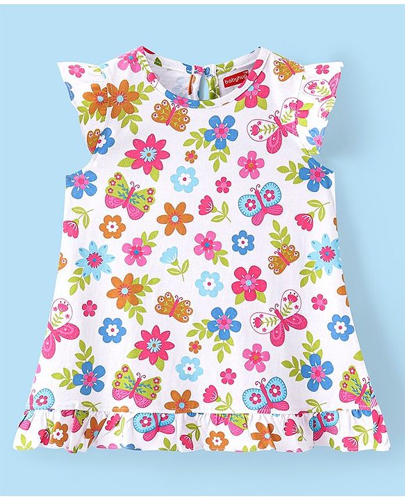 Babyhug Single Jersey Cap Sleeves Nighty Floral & Butterfly Print - White