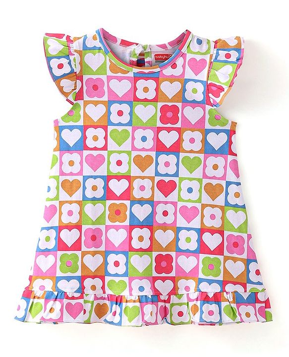 Babyhug Single Jersey Knit Frill Sleeves Nighty Floral Print - Pink