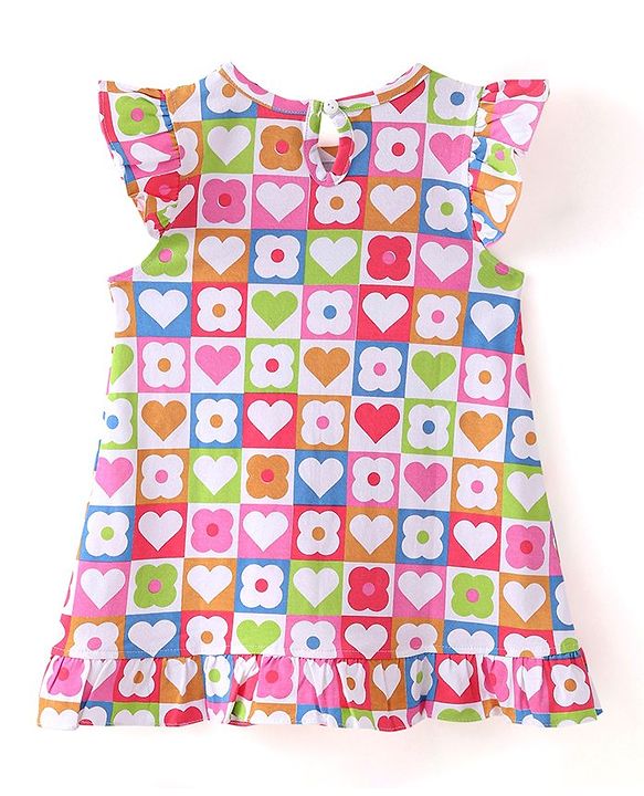 Babyhug Single Jersey Knit Frill Sleeves Nighty Floral Print - Pink