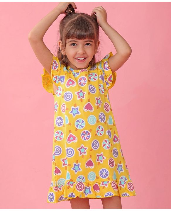 Babyhug Cotton Knit Frill Sleeves Nighty With Candy Print - Yellow
