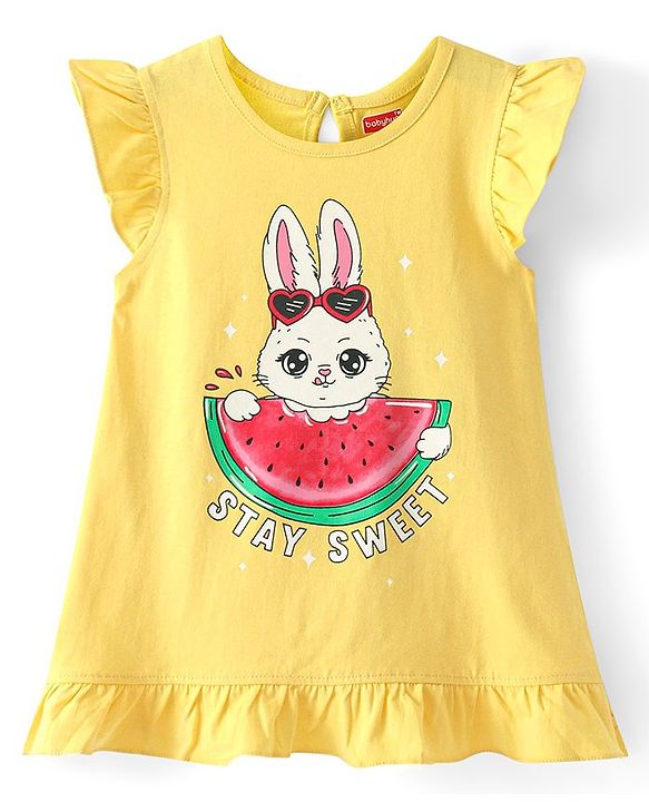 Babyhug Cotton Knit Frill Sleeves Nighty Bunny Print - Yellow