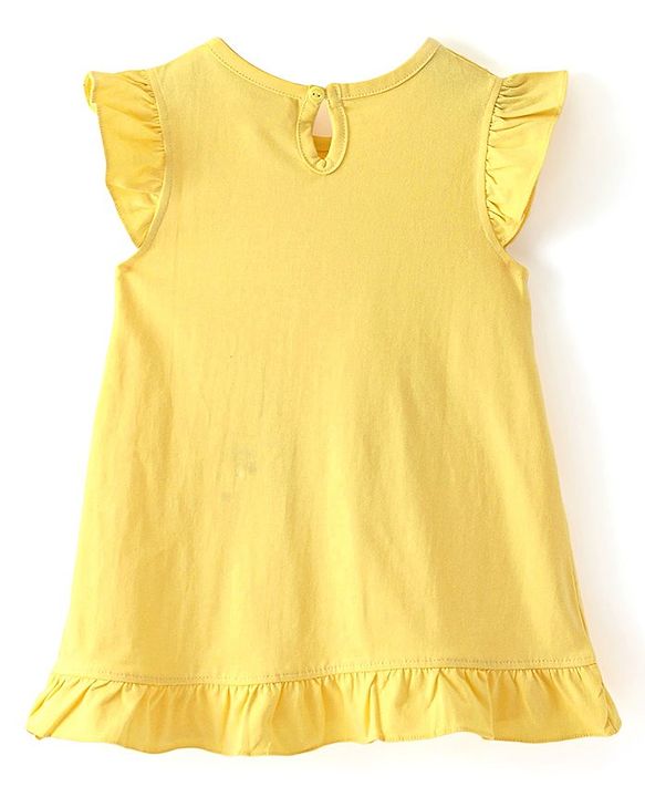 Babyhug Cotton Knit Frill Sleeves Nighty Bunny Print - Yellow