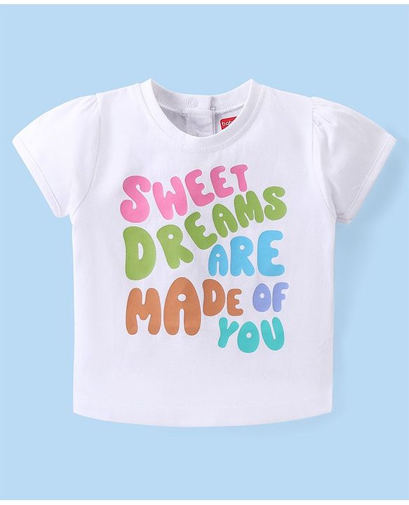 Babyhug Single Jersey Knit Half Sleeves Capri Night Suit With Text Print - White & Pink