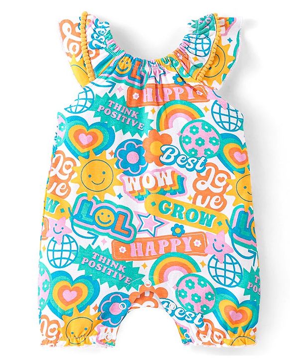 Babyhug 100% Cotton Sleeveless Text Printed Romper - Multicolour