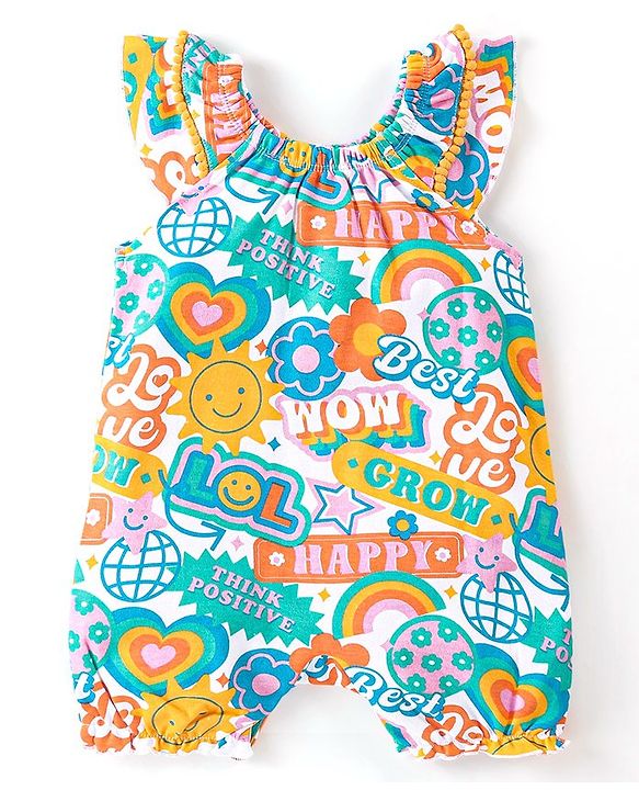 Babyhug 100% Cotton Sleeveless Text Printed Romper - Multicolour