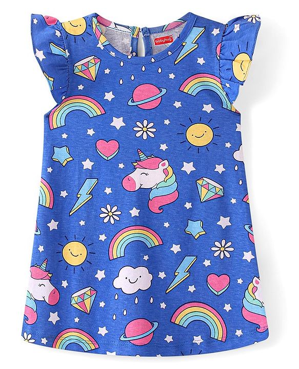Babyhug Cotton Knit Frill Sleeves Nighty Unicorn Print - Blue